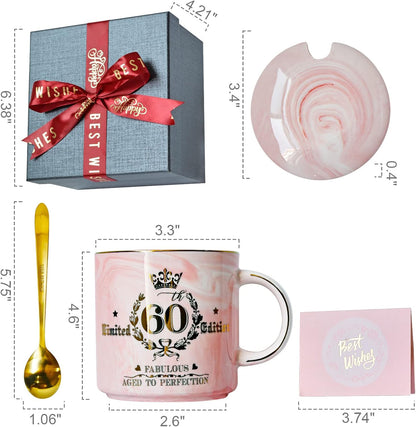60Th Birthday Gift for Women, Fabulous 1964 Aged to Perfection - 14Oz Pink Coffee Mug Printed with Gold, Turning 60 Gifts for 60 Years Old Woman, Mum, Grandma, Friend, Her, Ceramic Marble Cup with Box