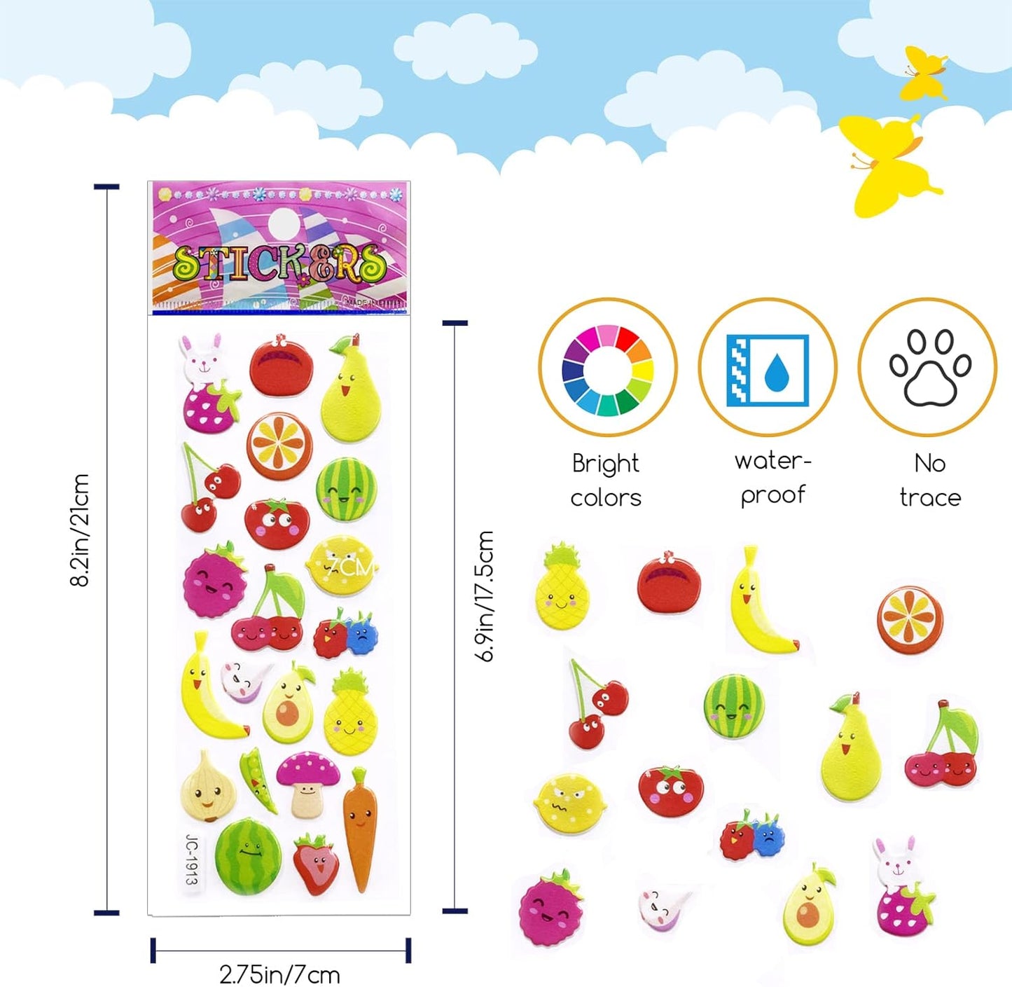 50 Sheets Puffy Stickers for Kids, 1000+ Children 3D Stickers Party Bag Filler for Party Rewarding Gifts Scrapbooking Including Animals Letter Fish Dinosaurs Numbers Fruits Trucks Airplane