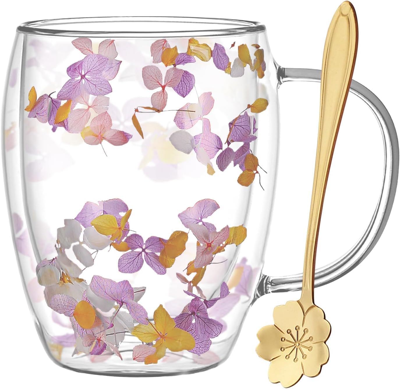 Gifts for Women Dried Flowers Double Wall Glass Coffee Mugs Cute Glass Tea Cups with Handles Christmas Birthday Gifts for Best Friend Teacher Mum Gifts New Home Gift Ideas Autumn Mug Home Decor