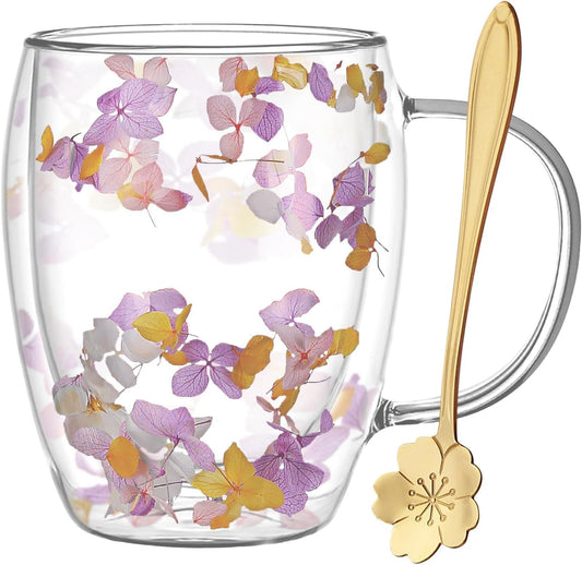Gifts for Women Dried Flowers Double Wall Glass Coffee Mugs Cute Glass Tea Cups with Handles Christmas Birthday Gifts for Best Friend Teacher Mum Gifts New Home Gift Ideas Autumn Mug Home Decor