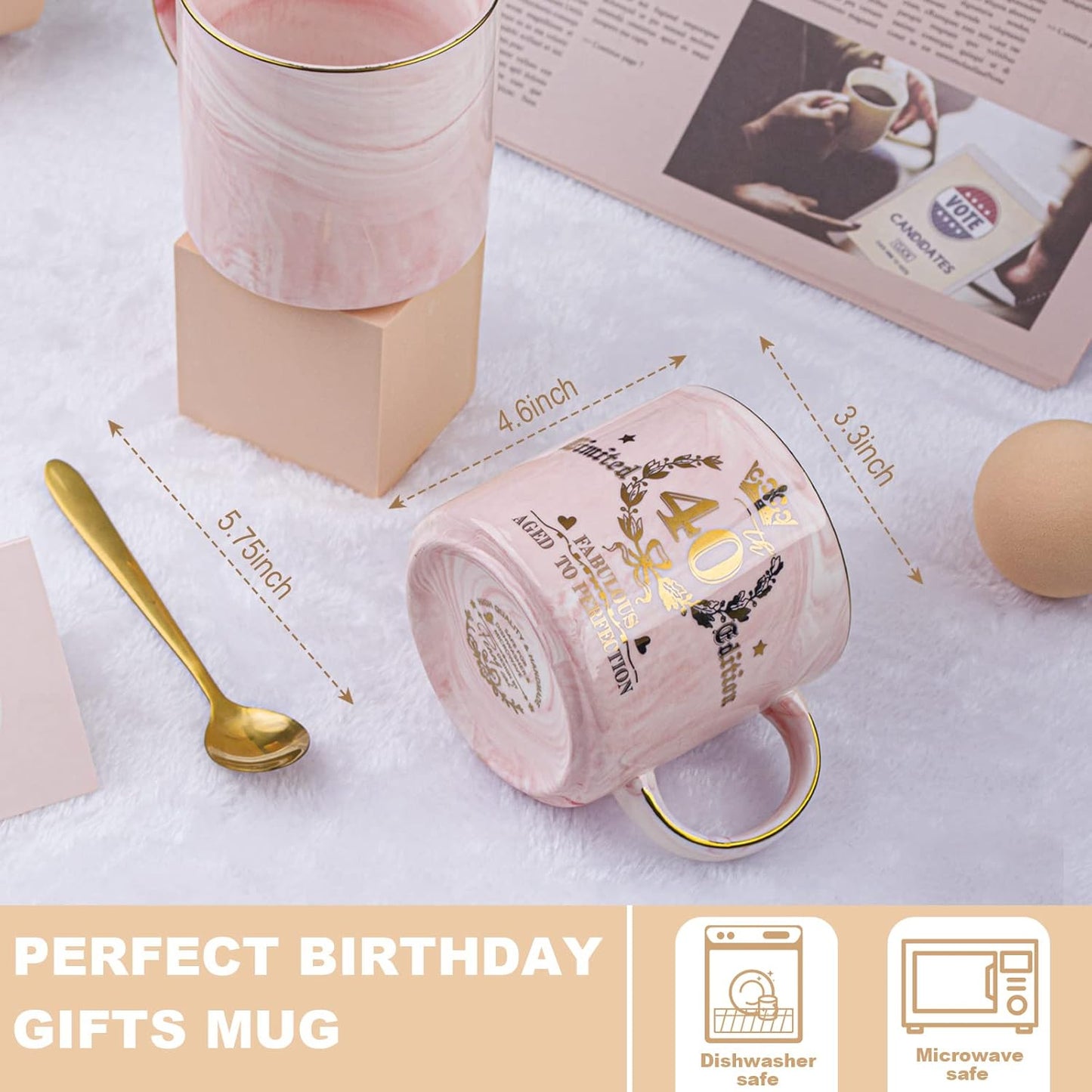 40Th Birthday Gifts for Women, Pink Birthday Gifts for Her, Aged to Perfection - Happy 40Th Birthday Mug Printed with Gold, 12Oz Ceramic Coffee Cup for 40Th Bday Women Friend, Wife, Sister, Gift Boxed
