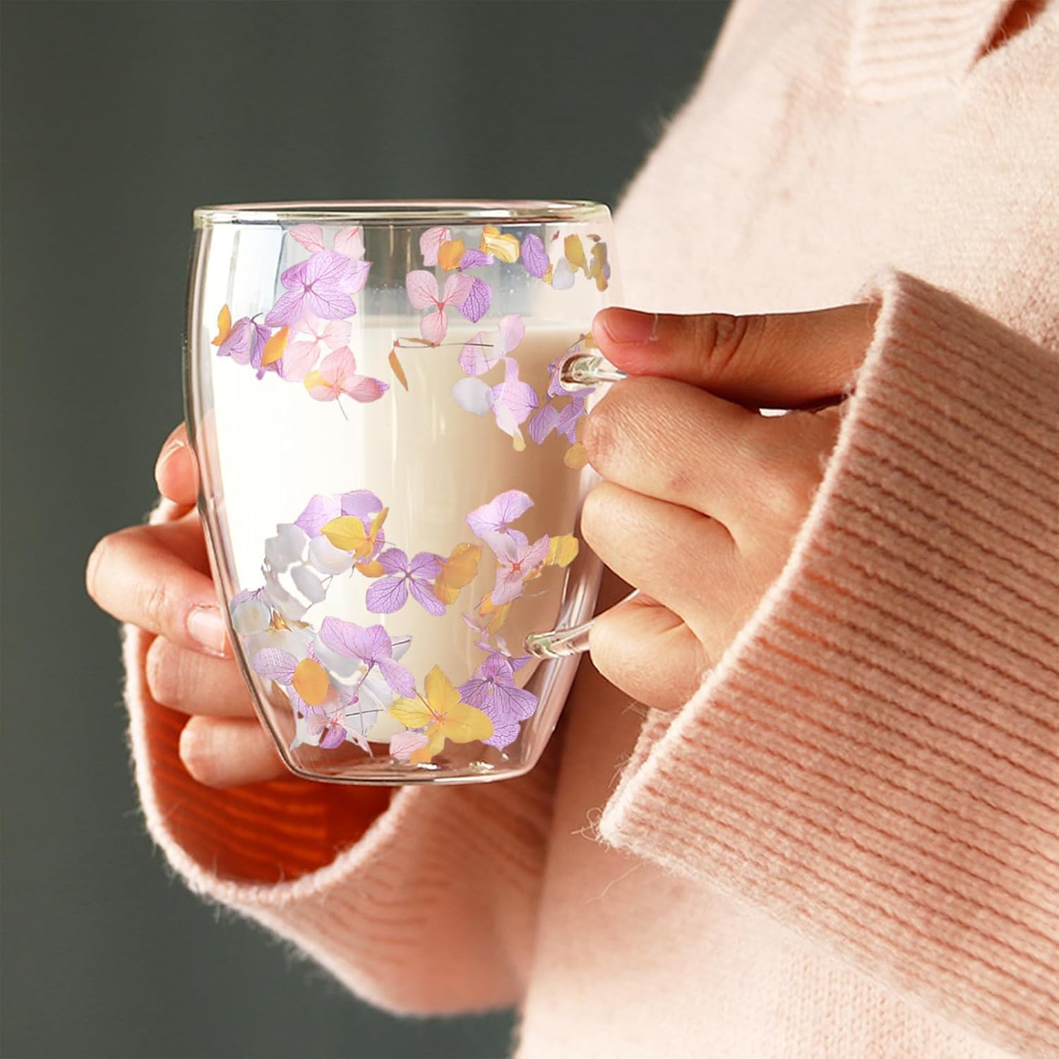 Gifts for Women Dried Flowers Double Wall Glass Coffee Mugs Cute Glass Tea Cups with Handles Christmas Birthday Gifts for Best Friend Teacher Mum Gifts New Home Gift Ideas Autumn Mug Home Decor