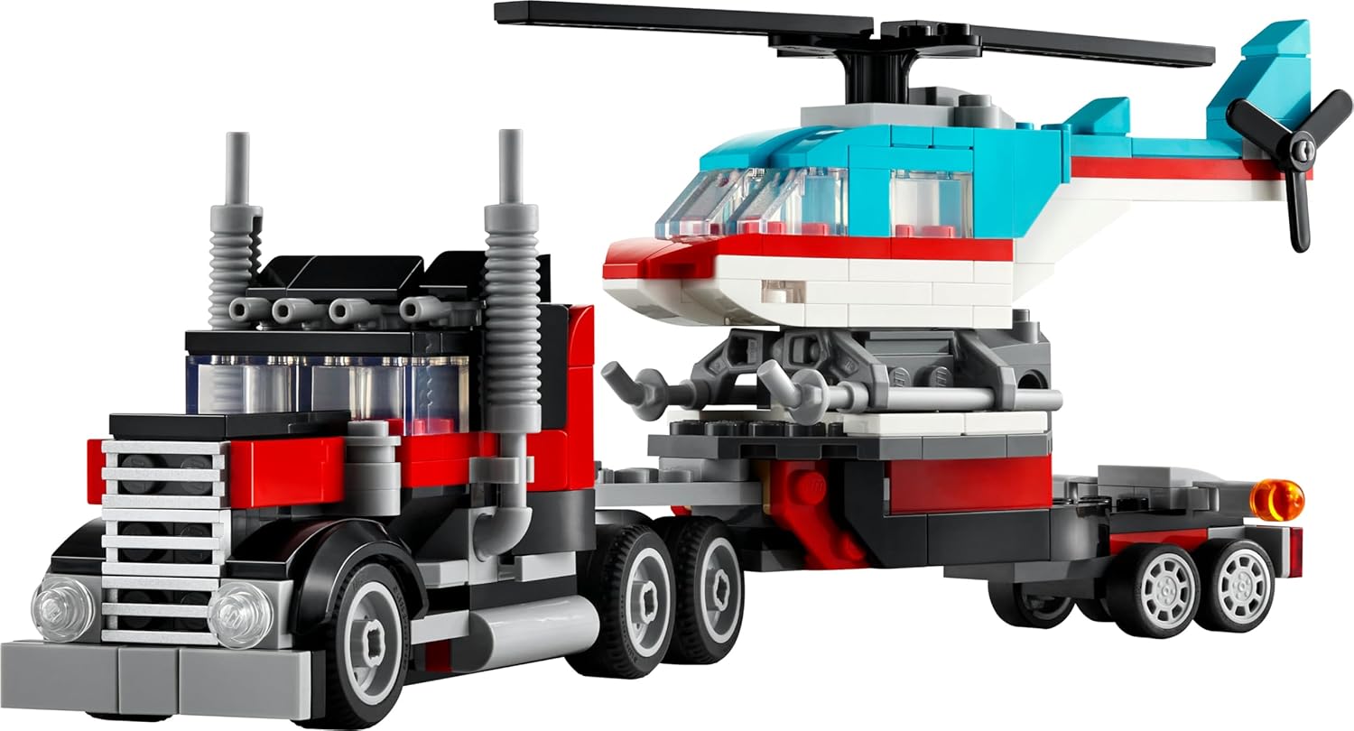 Creator 3In1 Flatbed Truck with Helicopter Toy to Propeller Plane and Fuel Lorry to Hot Rod and SUV Car Toys for 7 plus Year Old Boys, Girls and Kids Who Love Cool Vehicles, Gift Idea 31146