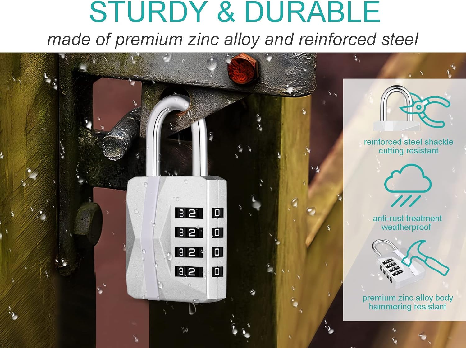 Locker Padlocks with Code, 4 Digit Combination Padlock for Gym Locker, [2023 Locker Trend] School Locks, Heavy Duty Outdoor Padlock Weatherproof for Gate, Fence, Shed, Garage (Silver, 1 Pack)