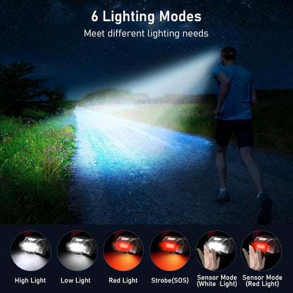 Head Torch Rechargeable, 2000L Super Bright Headlamp Waterproof Headlight with Hands Free Sensor Control&6 Lighting Modes - 30 Hrs+ Runtime,Adjustable Angle for Emergency, Running, Hiking Etc.