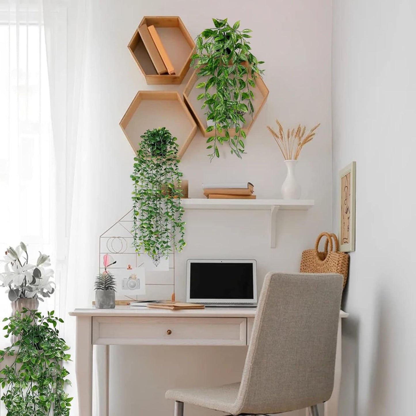 Artificial Plant Eucalyptus - Set of 3 Decorative Artificial Hanging Plants with Pots Fake Ivy Vines Greenery Faux Trailing Plants for Home Garden Office Shelf Wall Decoration