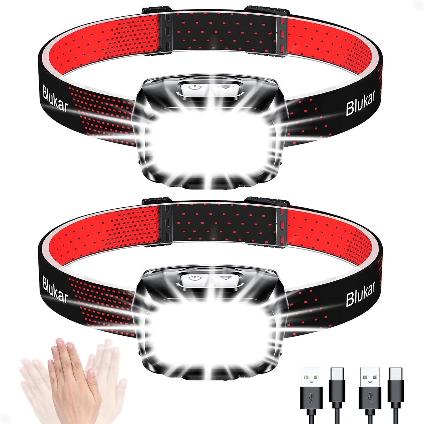 Head Torch Rechargeable, 2 Pack 2000L Super Bright Headlamp Headlight with 8 Light Modes, Spotlight Floodlight Combination, Sensor Control, Waterproof, Long Battery Life for Running,Camping