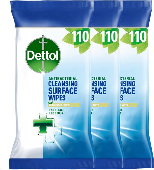 Antibacterial Biodegradable Cleaning Wipes, 330 Total (3X110), Kitchen, Bathroom, Floor Disinfectant, Eco-Friendly, Multi-Surface, Germ Protection, Fresh Scent