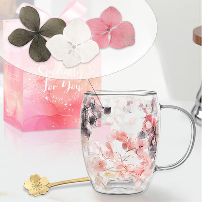 Gifts for Women Dried Flowers Double Wall Glass Coffee Mugs Cute Glass Tea Cups with Handles Christmas Birthday Gifts for Best Friend Teacher Mum Gifts Ideas Autumn Mug Home Decor(Grey+Pink)
