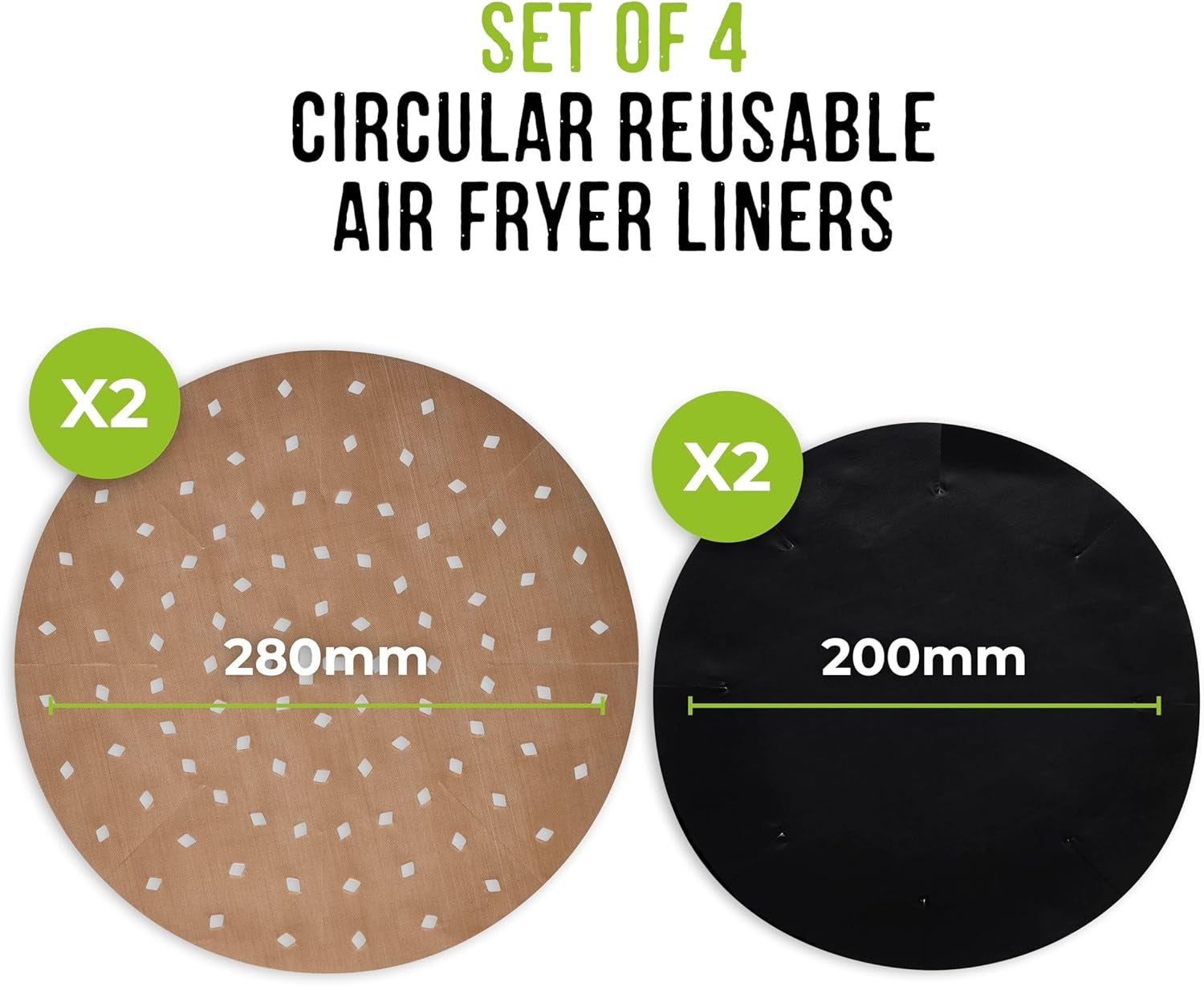 TLINER1 4 Pack of round Air Fryer Liners, Suitable for Air Fryers between 2 Litre and 4 Litre, Non-Stick, Reusable, Gold & Black