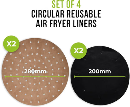 TLINER1 4 Pack of round Air Fryer Liners, Suitable for Air Fryers between 2 Litre and 4 Litre, Non-Stick, Reusable, Gold & Black
