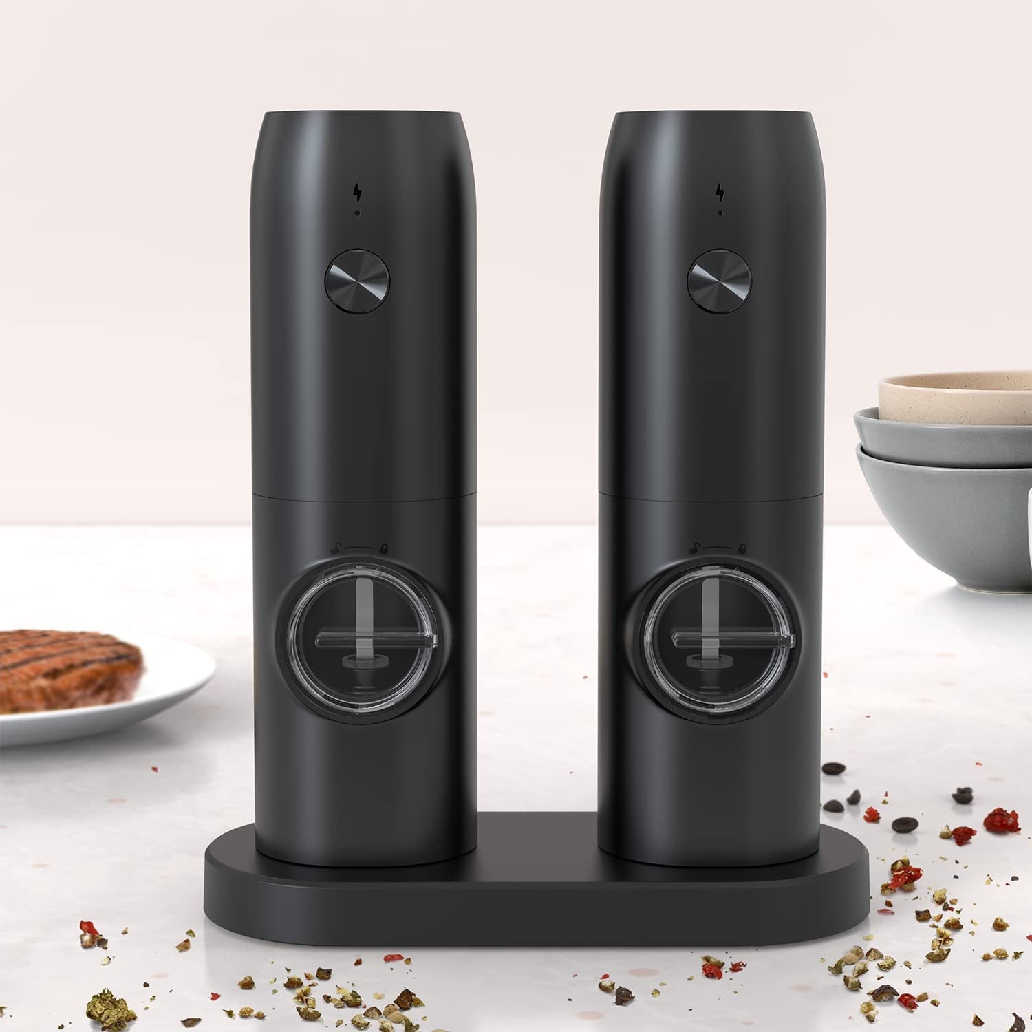 Electric Pepper Grinder Mills, USB Rechargeable Salt and Pepper Set with Charging Base, Ceramic Grind and Adjustable Coarseness, Automatic Grinder for Home, Kitchen