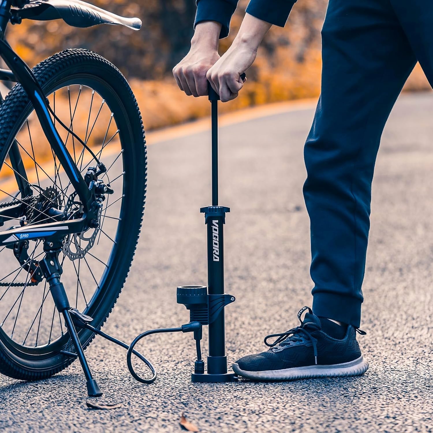 Bike Pump with Pressure Gauge, Bicycle Pump with Presta & Schrader Valves Bike Pump for All Bikes, Foot Pump for Car Tyres, Road Mountain Bikes & Balls