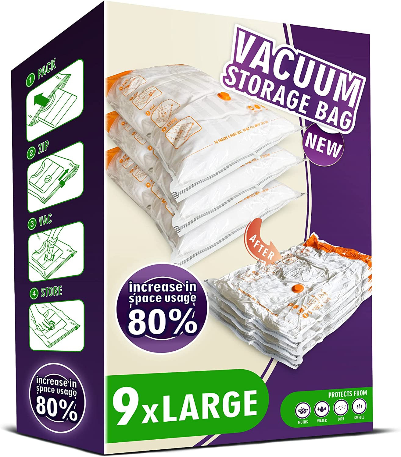 Space Saver Bags for Travel and Home Reusable Vacuum Storage Bags save 80% More Storage Space Work with Vacuum Cleaner (9 Large, No Pump Included)