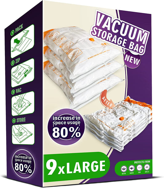 Space Saver Bags for Travel and Home Reusable Vacuum Storage Bags save 80% More Storage Space Work with Vacuum Cleaner (9 Large, No Pump Included)