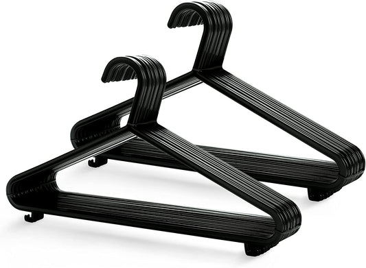 Adult Plastic Coat Hangers - 25Pk, Black Colour, Strong Clothes Hangers for Clothes Rail & Closet, Clothing Hanger with Suit Pants Trouser Bar and Clips, Space Saving, 37.5 Cm Wide