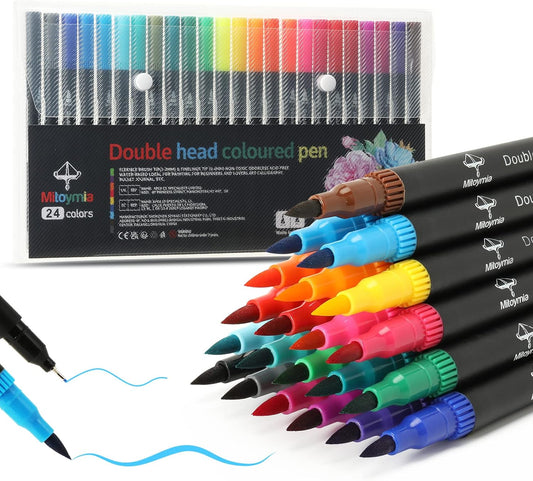 24 Dual Tip Colouring Brush Pens,Students for Felt Tips for Adults, Coloured Drawing Pens Art Pens Set Markers