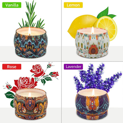 Scented Candles Home Gift Set: Aromatherapy Candle 4 Cans Made of 100% Natural Soy Wax 4.4 Oz for Birthday Gifts for Women Stress Relief Christmas Vanilla Rose Orange Lemon