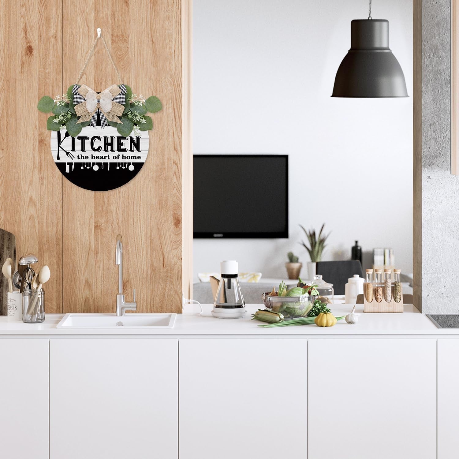 Kitchen Wooden Hanging Signs Rustic Wood Sign for Home Kitchen Decor round Wood Hanging Sign with Ribbon Bow and Artificial Green Leaves Farmhouse Style Wall Art for Kitchen Home Art Decor