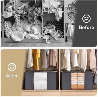 90L Clothes Storage Bags Large Storage Box with Lid Packing Boxes for Moving House with Reinforced Handle Thick Fabric Clear Window for Clothes Duvet Blankets Bedding, 3 Pack, Grey