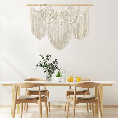 Large Macrame Wall Hanging Boho Handmade Woven Tapestry Tassel Craft Ornament Wall Art Beige Natural Cotton Rope Bohemian Chic Wall Decor for Bedroom Living Room Office Apartment