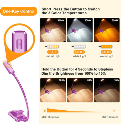 9 LED Clip on Book Light, 3 Eye-Protecting Modes Flexible Reading Light Book Lamp (Warm&Cool White) -Stepless Dimming, Rechargeable, Long Battery Life, 4-Level Power Indicator-Dark Purple