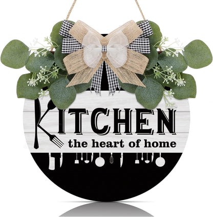 Kitchen Wooden Hanging Signs Rustic Wood Sign for Home Kitchen Decor round Wood Hanging Sign with Ribbon Bow and Artificial Green Leaves Farmhouse Style Wall Art for Kitchen Home Art Decor
