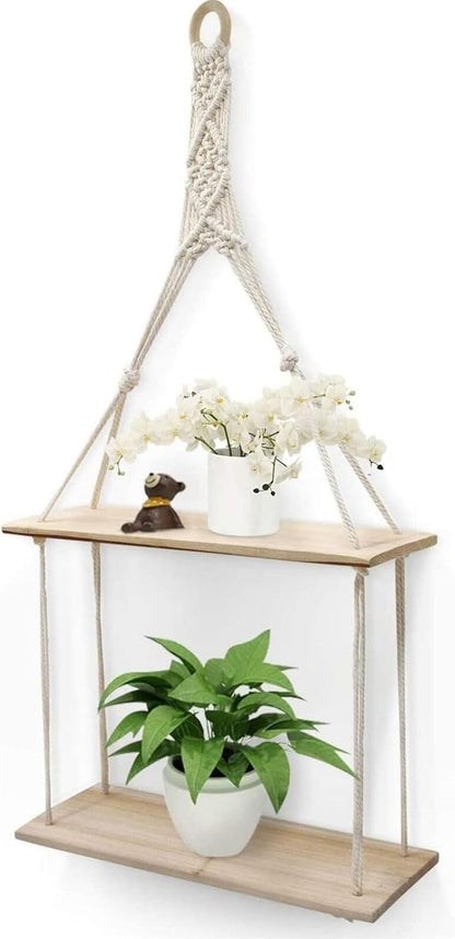 2 Tier Hanging Floating Macrame Rope Shelf Wooden Storage Kitchen Wall Boho Decor Gift (HANGING SHELF 30X10X72 Cm)