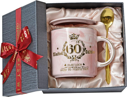 60Th Birthday Gift for Women, Fabulous 1964 Aged to Perfection - 14Oz Pink Coffee Mug Printed with Gold, Turning 60 Gifts for 60 Years Old Woman, Mum, Grandma, Friend, Her, Ceramic Marble Cup with Box