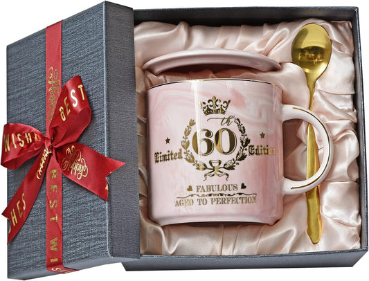 60Th Birthday Gift for Women, Fabulous 1964 Aged to Perfection - 14Oz Pink Coffee Mug Printed with Gold, Turning 60 Gifts for 60 Years Old Woman, Mum, Grandma, Friend, Her, Ceramic Marble Cup with Box