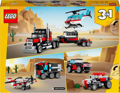 Creator 3In1 Flatbed Truck with Helicopter Toy to Propeller Plane and Fuel Lorry to Hot Rod and SUV Car Toys for 7 plus Year Old Boys, Girls and Kids Who Love Cool Vehicles, Gift Idea 31146
