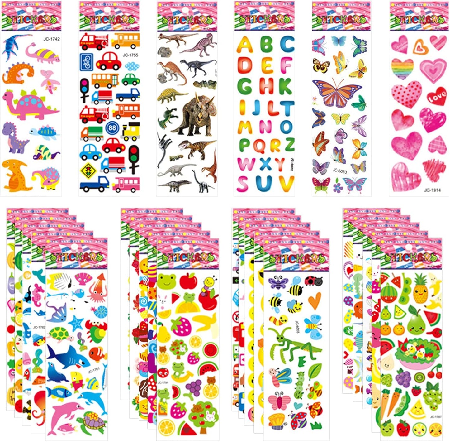 50 Sheets Puffy Stickers for Kids, 1000+ Children 3D Stickers Party Bag Filler for Party Rewarding Gifts Scrapbooking Including Animals Letter Fish Dinosaurs Numbers Fruits Trucks Airplane