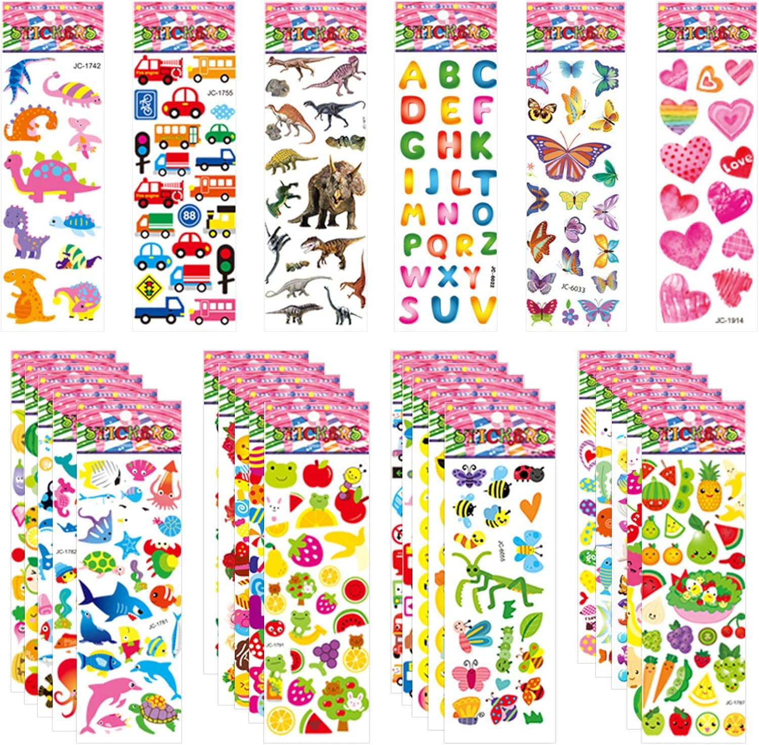 50 Sheets Puffy Stickers for Kids, 1000+ Children 3D Stickers Party Bag Filler for Party Rewarding Gifts Scrapbooking Including Animals Letter Fish Dinosaurs Numbers Fruits Trucks Airplane