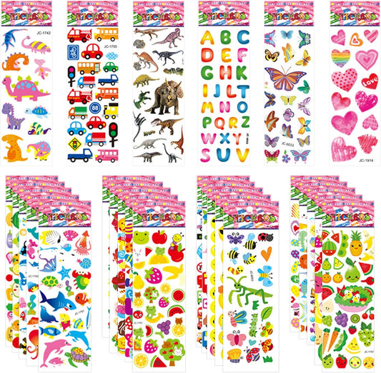 50 Sheets Puffy Stickers for Kids, 1000+ Children 3D Stickers Party Bag Filler for Party Rewarding Gifts Scrapbooking Including Animals Letter Fish Dinosaurs Numbers Fruits Trucks Airplane