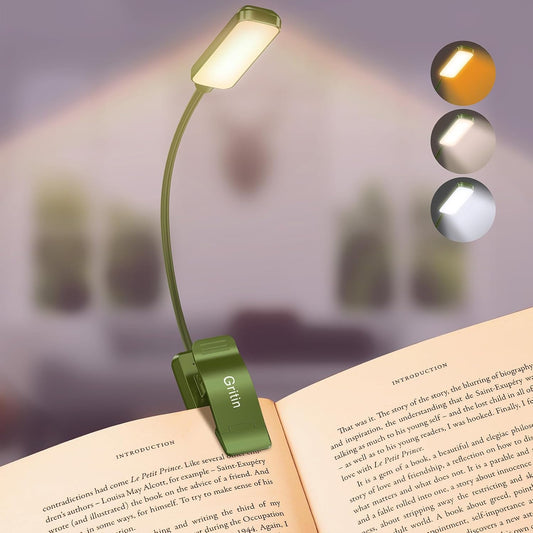9 LED Clip on Book Light, 3 Eye-Protecting Modes Flexible Reading Light Book Lamp (Warm&Cool White) -Stepless Dimming, Rechargeable, Long Battery Life, 4-Level Power Indicator-Intense Green