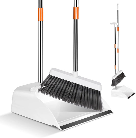 Broom and Dustpan - Long Handled Dustpan and Brush Set, 130 Cm Long Handle Sweeping Broom Indoor, Dust Pan and Brush Combo for Home Lobby Kitchen Office Floor Cleaning