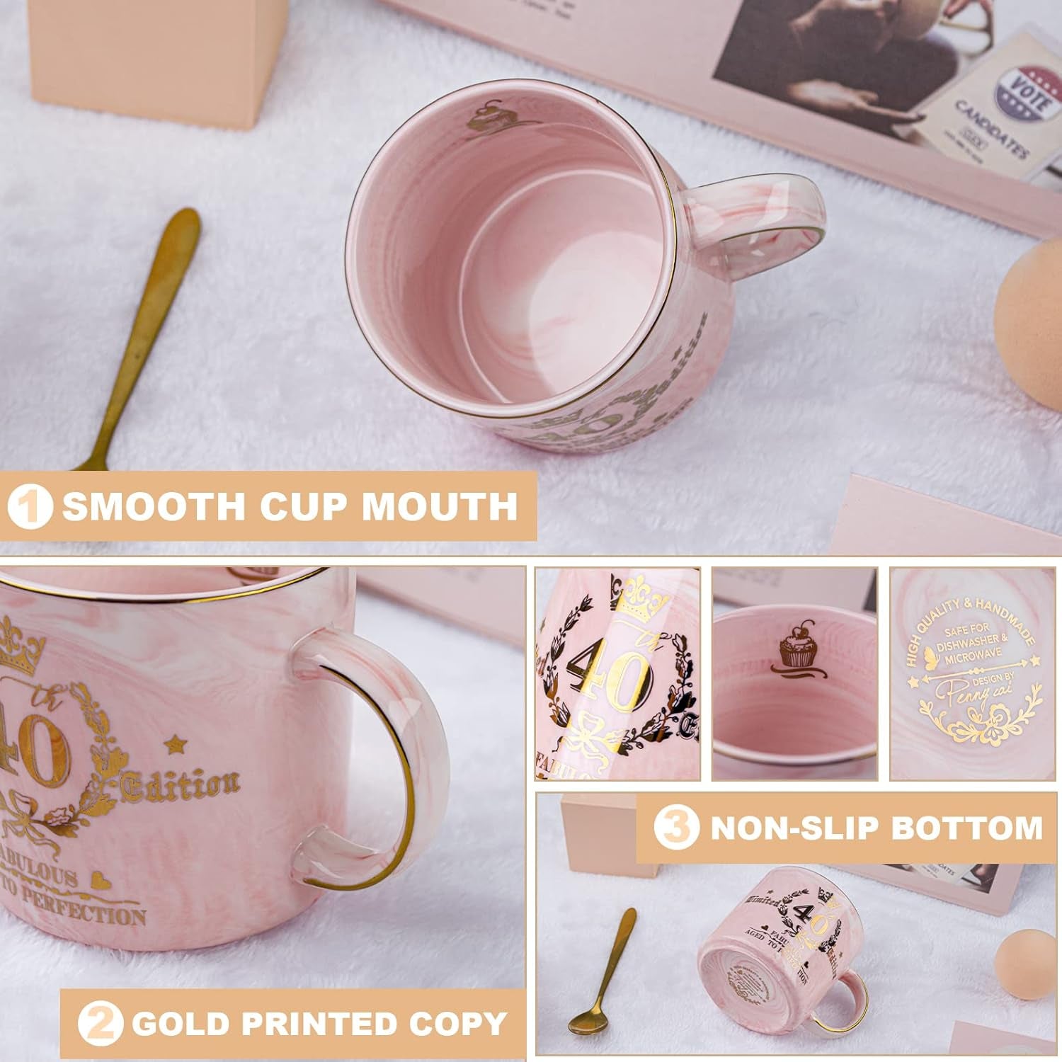 40Th Birthday Gifts for Women, Pink Birthday Gifts for Her, Aged to Perfection - Happy 40Th Birthday Mug Printed with Gold, 12Oz Ceramic Coffee Cup for 40Th Bday Women Friend, Wife, Sister, Gift Boxed