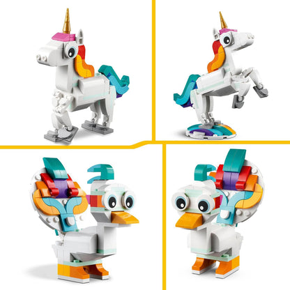 31140 Creator 3 in 1 Magical Unicorn Toy to Seahorse to Peacock, Rainbow Animal Figures, Unicorn Gift for Girls and Boys, Buildable Toys