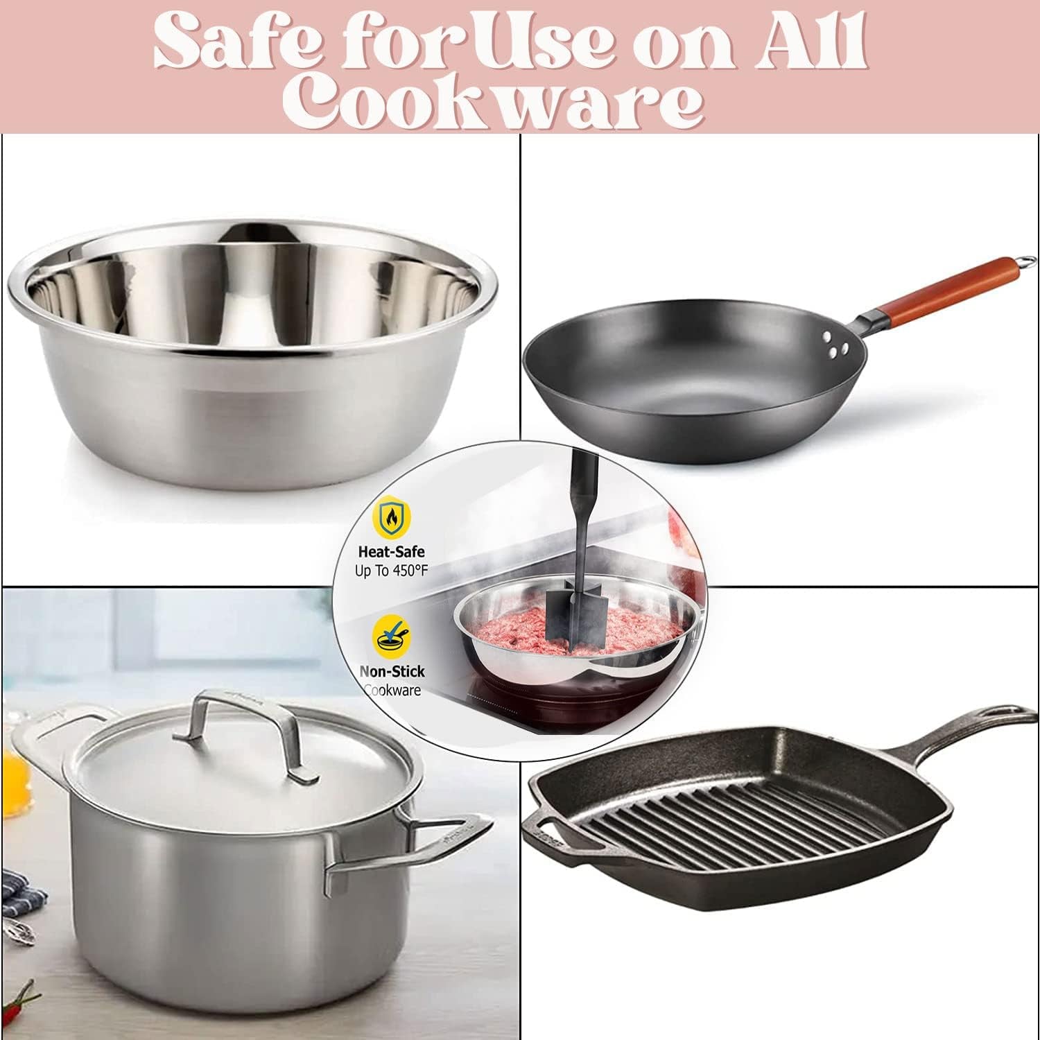 Meat Chopper, Ground Beef Masher with 5-Blade Head, Versatile High-Temp Heat-Resistant Hamburger Mince Masher, Non-Stick Mince Meat Masher for Hamburger Meat, Beef, Nylon Utensil Cookware