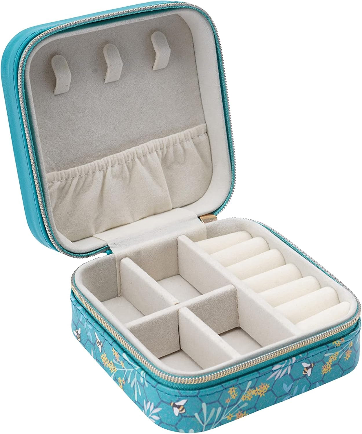 Square Travel Jewellery Box Case | Bee Design | Teal | Ladies Accessory | Organiser | Gift for Her | the Beekeeper GB06969