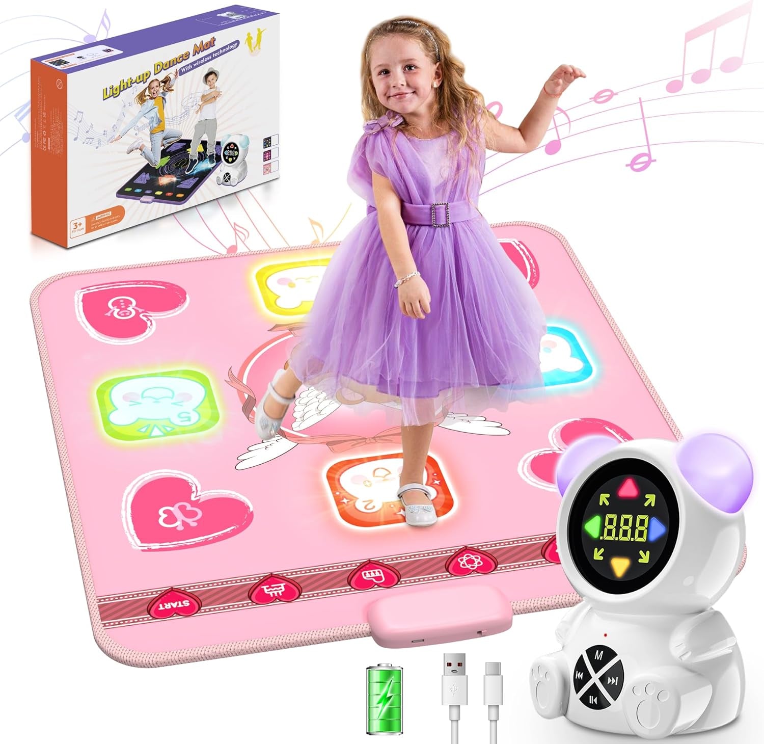 Rechargeable Dance Mat Toys for Girls, Light up Dance Pad with Wireless Bluetooth, 5 Game Modes, Adjustable Volume & LED Lights, Xmas B-Day Gifts for 3-12 Years Old Kids (Pink)