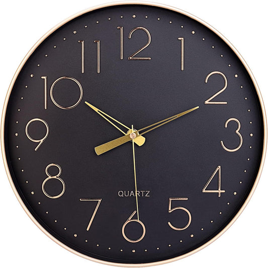 Black Wall Clock 12" Silent Non Ticking Arabic Numeral Clock round Decorative Wall Clock for Living Room, Bedroom, Kitchen (Battery Not Included) Gold Numbers