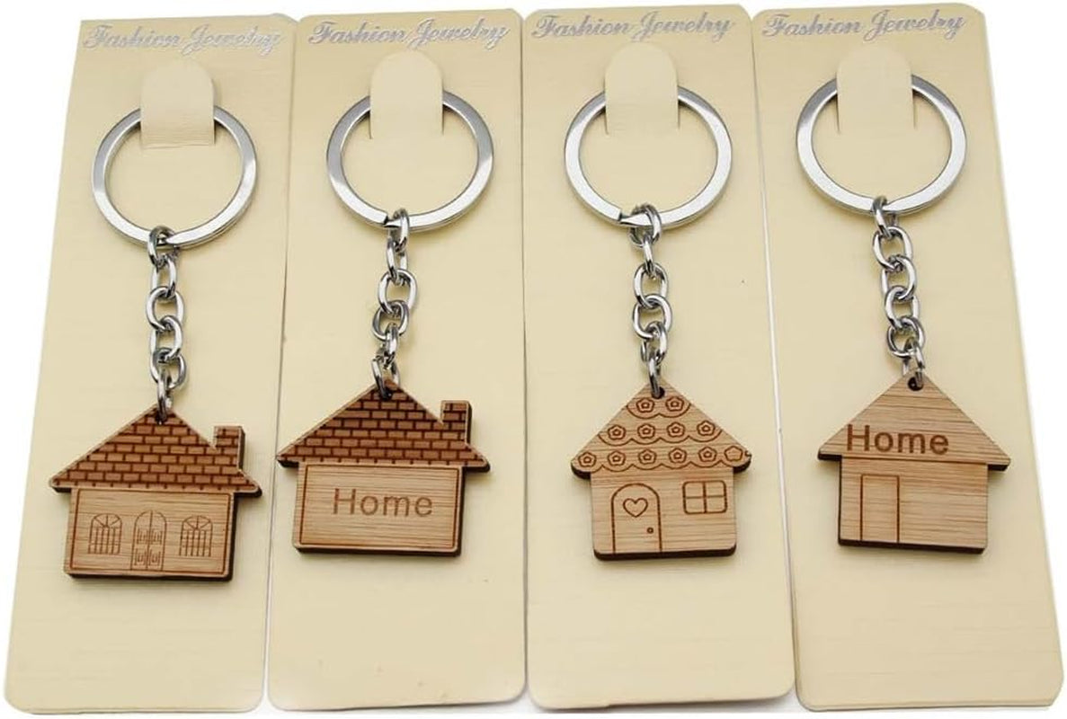 4 Pcs Wooden House Keychain Wooden Keychain Home Keyring Decoration Small House Shape Keychain Housewarming Gift Cute Home Keychain for Real Estate Gifts Home Clients Home Buyers Clients
