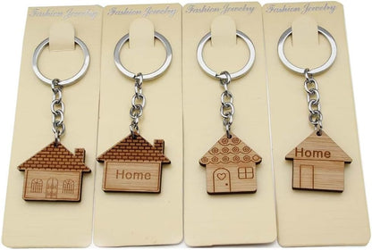 4 Pcs Wooden House Keychain Wooden Keychain Home Keyring Decoration Small House Shape Keychain Housewarming Gift Cute Home Keychain for Real Estate Gifts Home Clients Home Buyers Clients