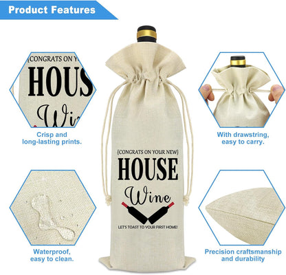 House Warming Gifts New Home Wine Bag Housewarming Gifts for New House First Home Gifts New Home Owners Gift Realtor Gift for Clients Couple Gift New Home Decorations Drawstring Burlap Wine Bottle Bag