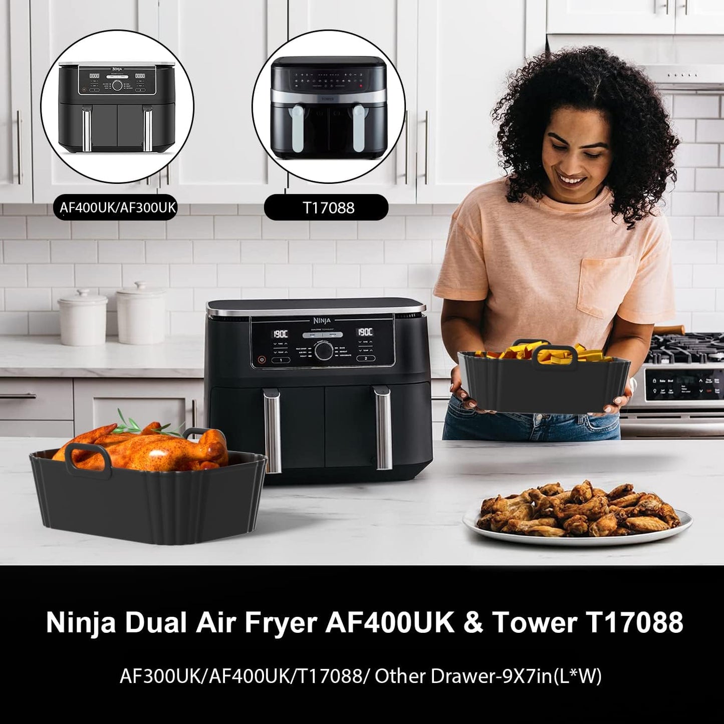 Silicone Air Fryer Liner 2Pack, Ninja Air Fryer Accessories, Repeatable Silicone Liners for Ninja Dual Air Fryer AF300UK AF400UK & Tower T17088, Silicone Air Fryer Pot Basket 7.6-9.5L