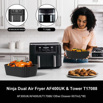 Silicone Air Fryer Liner 2Pack, Ninja Air Fryer Accessories, Repeatable Silicone Liners for Ninja Dual Air Fryer AF300UK AF400UK & Tower T17088, Silicone Air Fryer Pot Basket 7.6-9.5L