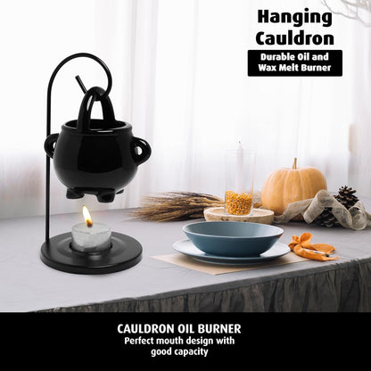 Cauldron Wax Melt Burner with Tealight Candle, Warming Stand, Decorative Hanging Living Room Home Decor and Aromatherapy, Spooky Halloween Black Warmer Pot