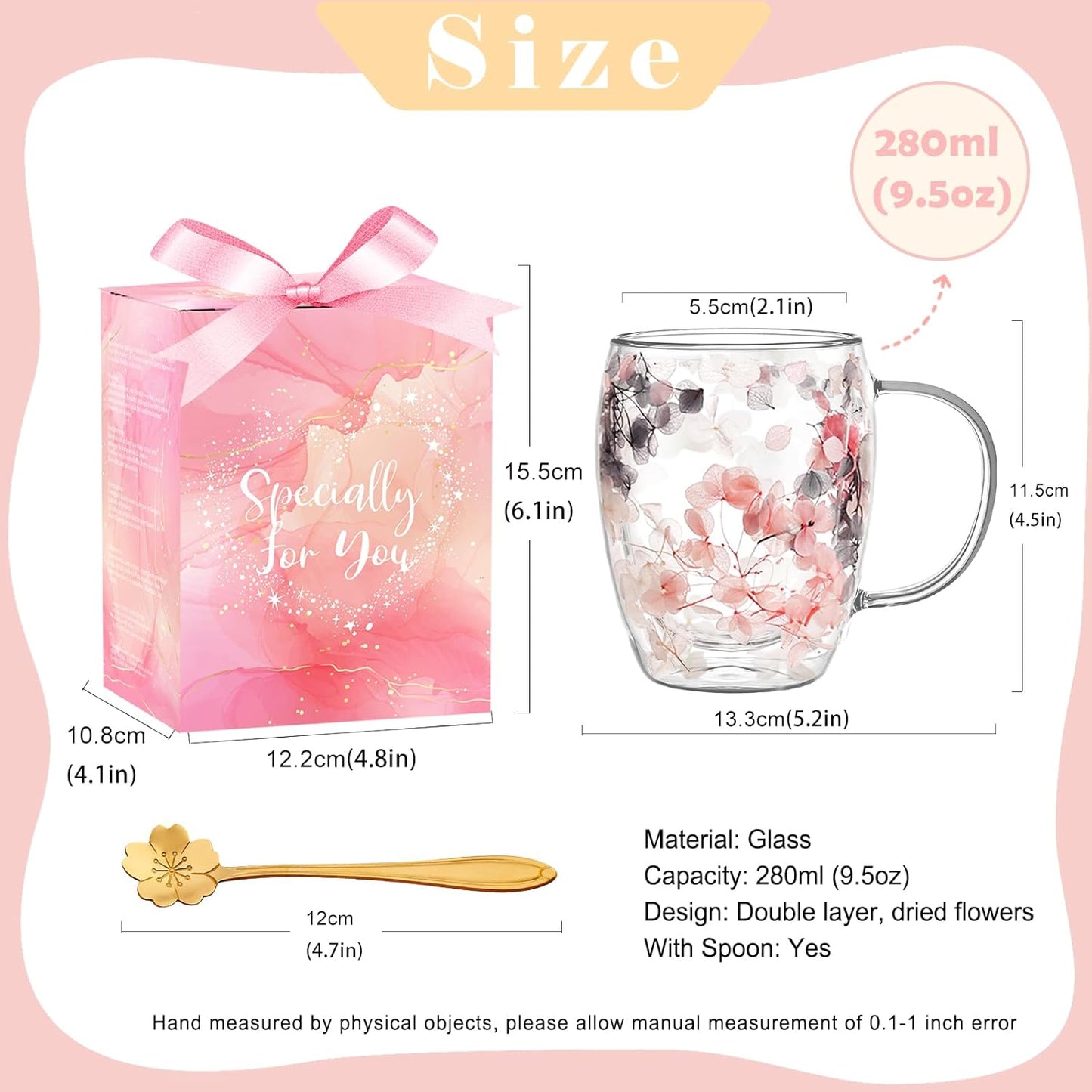 Gifts for Women Dried Flowers Double Wall Glass Coffee Mugs Cute Glass Tea Cups with Handles Christmas Birthday Gifts for Best Friend Teacher Mum Gifts Ideas Autumn Mug Home Decor(Grey+Pink)