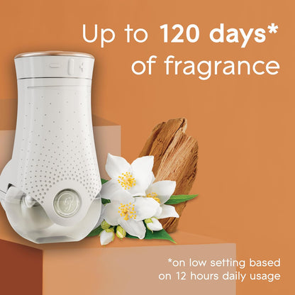 Plug in Air Freshener Holder and Refill, Electric Scented Oil Room Air Freshener, Sandalwood & Jasmine, 1 Holder and 3 Refills (3 X 20Ml)